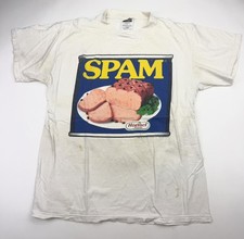 Vintage 1996 SPAM Hormel Foods 90s Promo T-Shirt Size L Distressed Tee White  picture