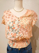 Joie Pink Floral V-Neck Button Front Flutter Sleeve Smocked Blouse, Size S picture