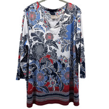 Chicos Women's Tunic Top Sz Large Red Black Blue Tropical Floral V Neck Pullover picture