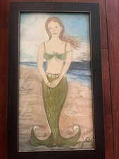 KOLENE SPICHER Folk Art Primitive Print Mermaid Framed signed CL/35 Claire picture