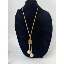 Vintage Napier Gold Tone Snake Chain Lariat Necklace Faux Pearl Drops Slider picture