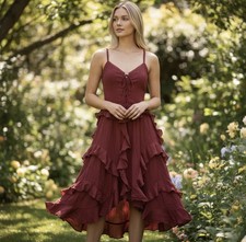 Lulus Women Terracotta Ruffled Midi Dress with Spaghetti Straps Large picture
