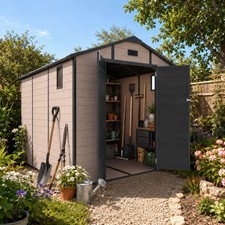8x10FT Outdoor Plastic Lockable Resin Storage Shed with Window & Floor,Champagne picture