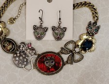 STUNNING DESIGNER BETSEY JOHNSON CAT & MOUSE CRYSTAL NECKLACE EARRING SET NWT picture