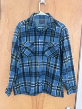 Vintage 60s 70s Pendleton Board Shirt Mens Large Blue Plaid Wool USA Loop Collar picture