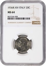 ITALY KINGDOM 1936-R  20 CENTESIMI COIN, CHOICE UNCIRCULATED, NGC CERTIFIED MS64 picture