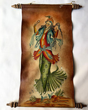Vintage Hand-Painted Persian Girl on Leather Wall Hanging Scroll picture
