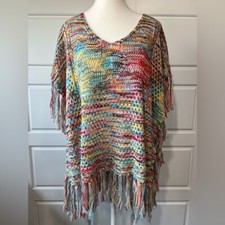 Vintage Havana Colorful Crochet Fringe Tunic Top Bohemian Beach Cover Up OS picture