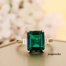 2.35CT Emerald Cut Real Emerald 14K Yellow Gold FN Engagement Jewelry Ring Gift picture