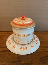 Longaberger Pottery Candy Corn Crock Pot W/Lid & Pedestal Fall Halloween Decor picture