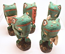 Vintage Hand Carved Painted Wooden Frog Band Figurines Set of 5 Folk Art 7 inch picture