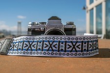 Stunning White, Blue, and Black Geometric Pattern Hippie-inspired Camera Strap picture