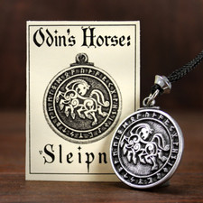 Pewter Norse God Odin Sleipnir Necklace Horse Pendant Viking Asatru Rune Jewelry picture