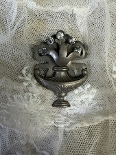 Antique Art Deco Era Mourning Brooch Urn Glass Rhinestone Flowers 1920s 1930s  picture