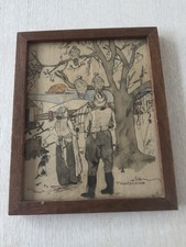 Antique 1920 Ink & Watercolor “Thanksgiving”Folk Art Americana Signed Framed Art picture