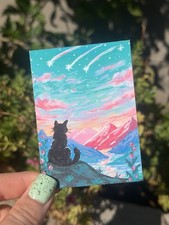 ACEO PRINT Limited Edition Painting Cat Whimsical Landscape Art shaped.by.sykes picture