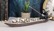 Ebros Charon Grim Reaper Fishing On Boat Of Skulls Incense Burner Statue 11.5