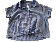 Pale Sky Channie Twist Front Button Down Shirt Womens 1X Blue Cotton Gauze NWT picture