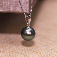 ELEGANT 9-10mm Round Black Tahitian Pearl pendant 18K solid white gold picture