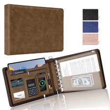 Brown Zippered 7 Ring Check Binder for Business Checks, Faux Leather Portfolio, picture