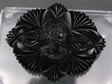 Vintage Black Bakelite Mourning Cameo Brooch Carved Fan Frame Pin 2.59 in Tested picture