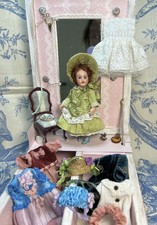 Antique German Mignonette Doll 5.3in 16/0 Trousseau Wardrobe Wooden Box picture