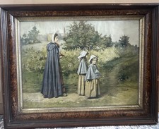 Antique Victorian Chromolithograph Mother & Daughters Countryside Scene Framed picture