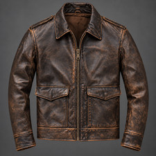 Men's Vintage Brown Leather Jacket Distressed Motorcycle Biker Coat Cafe Racer U picture