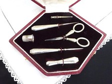 Art Deco Sewing Case French Silver Vintage Kit Antique Scissors Needle Case... picture