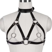 Women's Leather Harness Punk Gothic Metal Chain Tassel Body Caged Lock Bra Strap picture