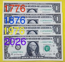 🇺🇸1776 1876 1976 2026 Independence Yr Set Fancy Serial Number One Dollar Bill picture