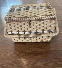 VTG Dritz Woven Wicker Sewing Basket W/Pin Cushion Lid Insert Tray Handle JAPAN picture