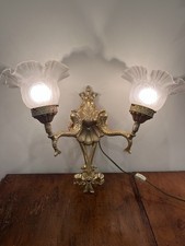 Antique Gilt Rococo 2 Arm Wall Sconce  Electric Corded Fish Glass Scallop Shades picture