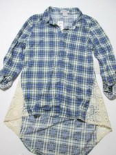 NWT Passport Womens Size S Tunic Blue/Navy Check Buttons Front Collared Lace picture
