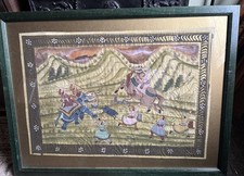 Vintage Indian Mughal Painting Elephant Hunt Boar Horse Dog Scene Frame 34.5x26” picture