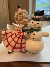 Vintage Lefton? Christmas Ceramic Girl With Snowman Planter picture