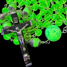 Vintage WW2 Uranium Glass XL Holy Rosary Vaseline Glass Glowing  Green 22