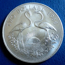 1966 BAHAMAS - $2 DOLLARS - FLAMINGO - .9 Oz MINT BU STERLING .925 SILVER CROWN picture
