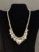 Vintage 80s Sterling Silver Puffy Heart Charm Necklace 55.8g Graduated Bead 16