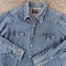 Vintage Wrangler Denim Pearl Snap Shirt Mens L 16.5 Blue Western Made in USA 80s picture