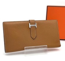 HERMES Bearn Classic Yellow Chevre Leather Bifold Long Wallet Silver I Stamp picture