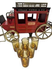 VTG 1970s Wells Fargo & Co US Mail Tin Stagecoach Mini Bar 6 Shot Glasses Japan picture