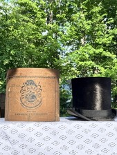 RARE 19.c Antique Boston MA Silk & Beaver Top Hat & Original Box Victorian 1800s picture