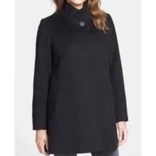 FLEURETTE LORO PIANNA Wool Stand Collar Car Pea Coat Jacket Black Pockets 24 picture