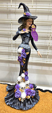 Eerie Charm Halloween Witch Figurine Resin Freestanding Black Purple Skulls Dec picture