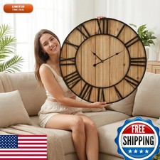 EMAX HOME Farmhouse Wall Clock 30 Inch Brown Battery Operated Vintage Wooden picture