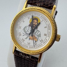 VTG J.S.N.Y. Hand-Winding Mechanical Watch Women Gold Tone Jesus Dial Leather picture