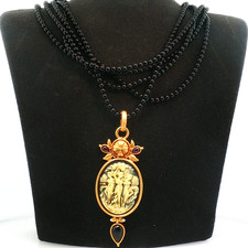 Vintage Leslie Block Cameo Necklace Multi-Strand Black Beaded Statement NOS picture