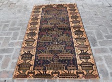 Hand Knotted Vintage Pictorial Rug 4x6 Navy Afghan Antique Oriental Area Carpet picture