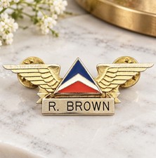 Vintage Delta Air Lines Flight Attendant Wings R Brown Employee Name Badge Pin picture